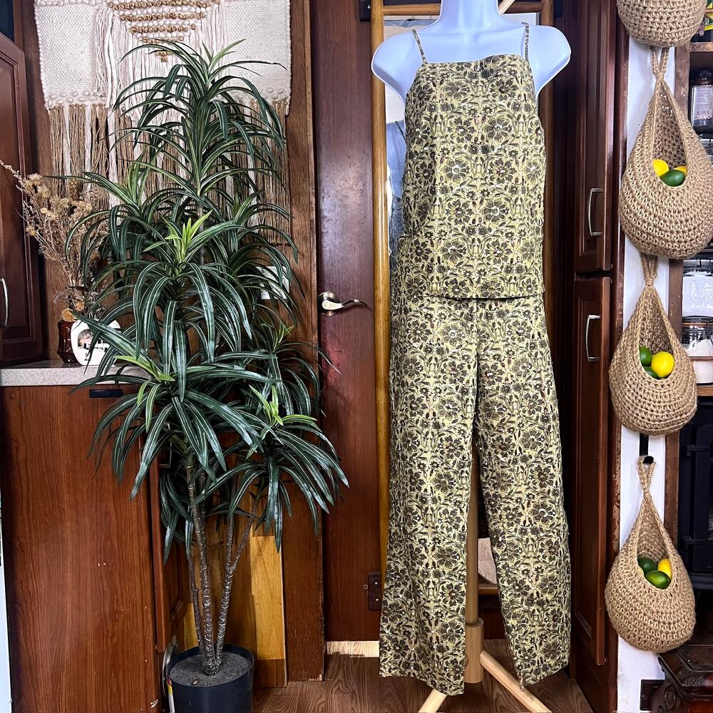 Vintage DKNY Set Womens L 12 Olive Sequin Floral Y2K Club Top Pants Lace Up Back